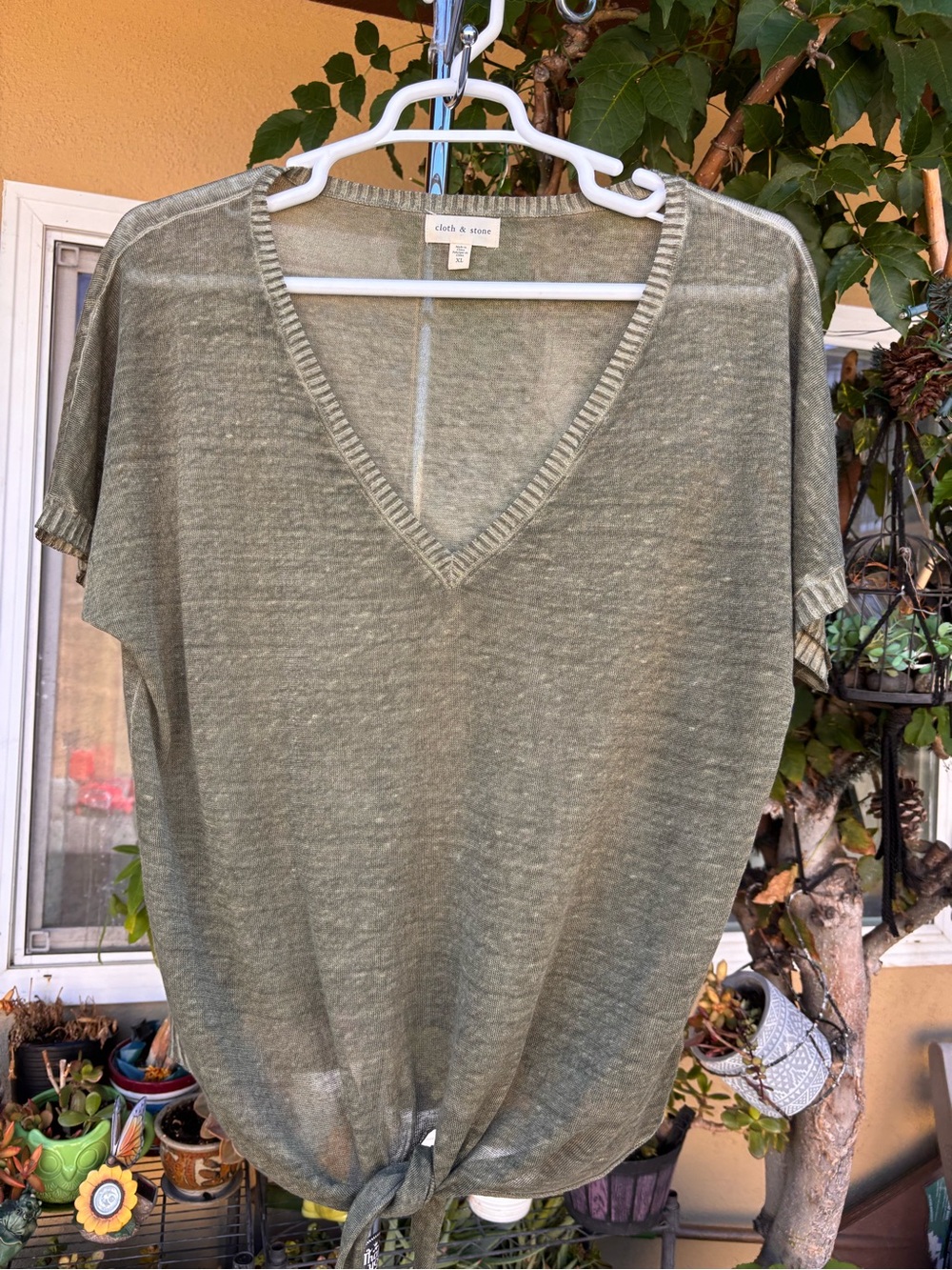 Cloth & Stone Olive Textured Linen Front Tie Tshirt Top Size XL - Picture 4 of 14
